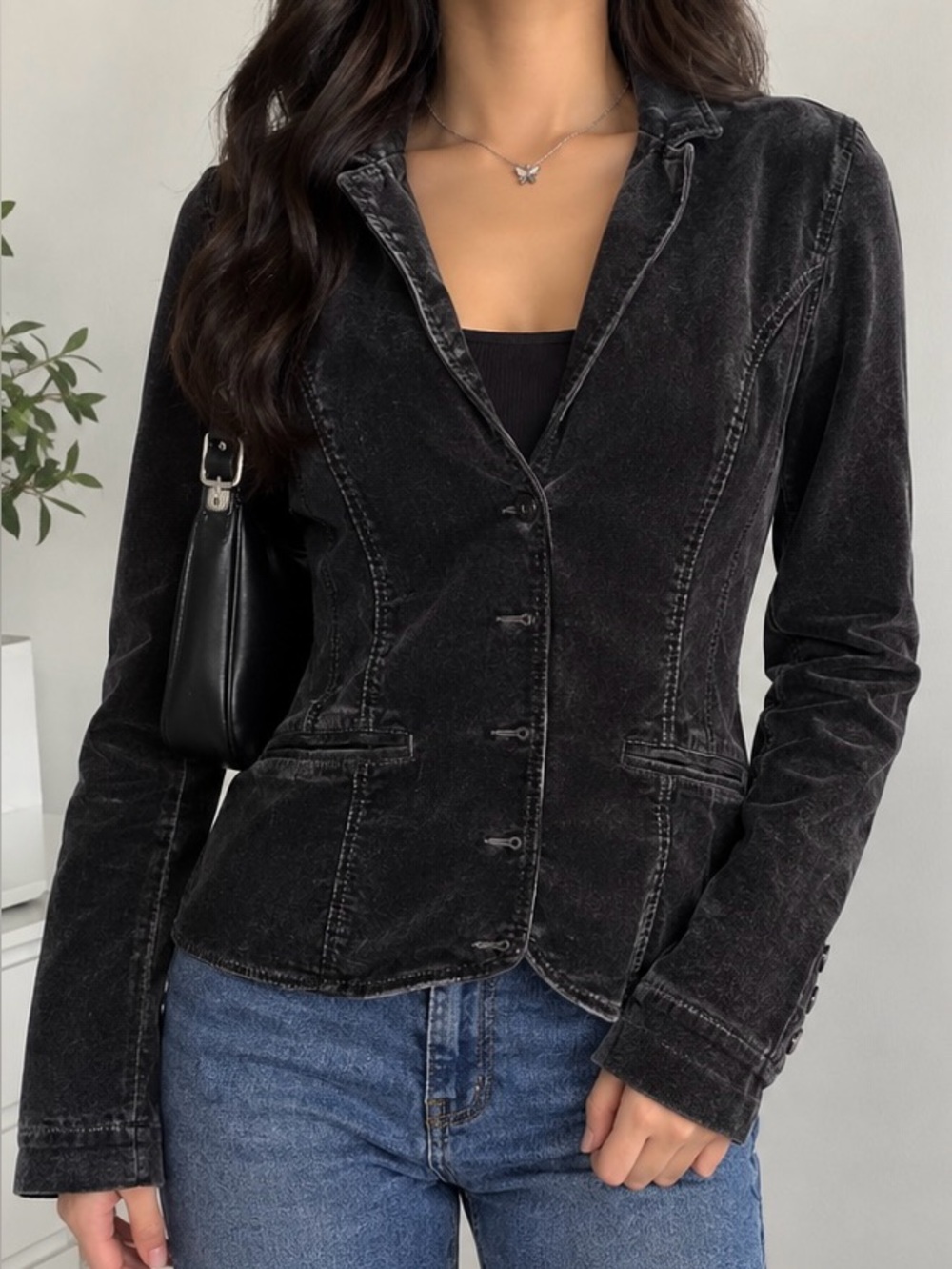 Bandolino Dark Gray Corduroy Button-Front Blazer